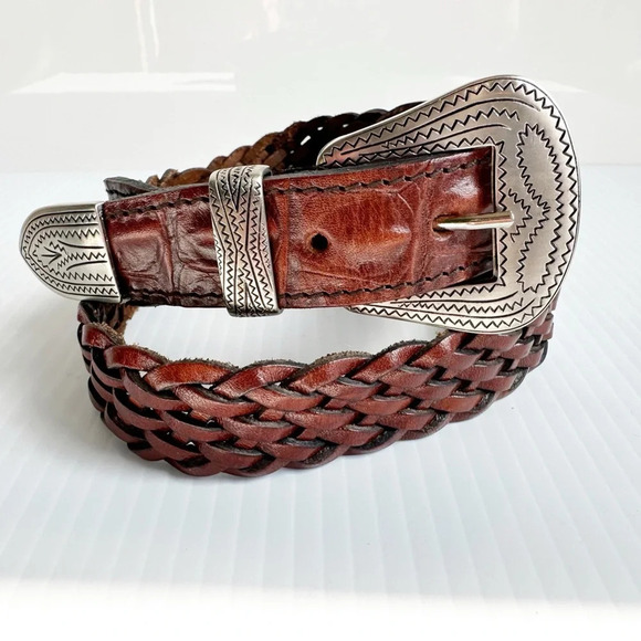 Source Unknown Accessories - Vintage Crocodile Back, Woven Leather Belt Brown Silver Decorative Buckle